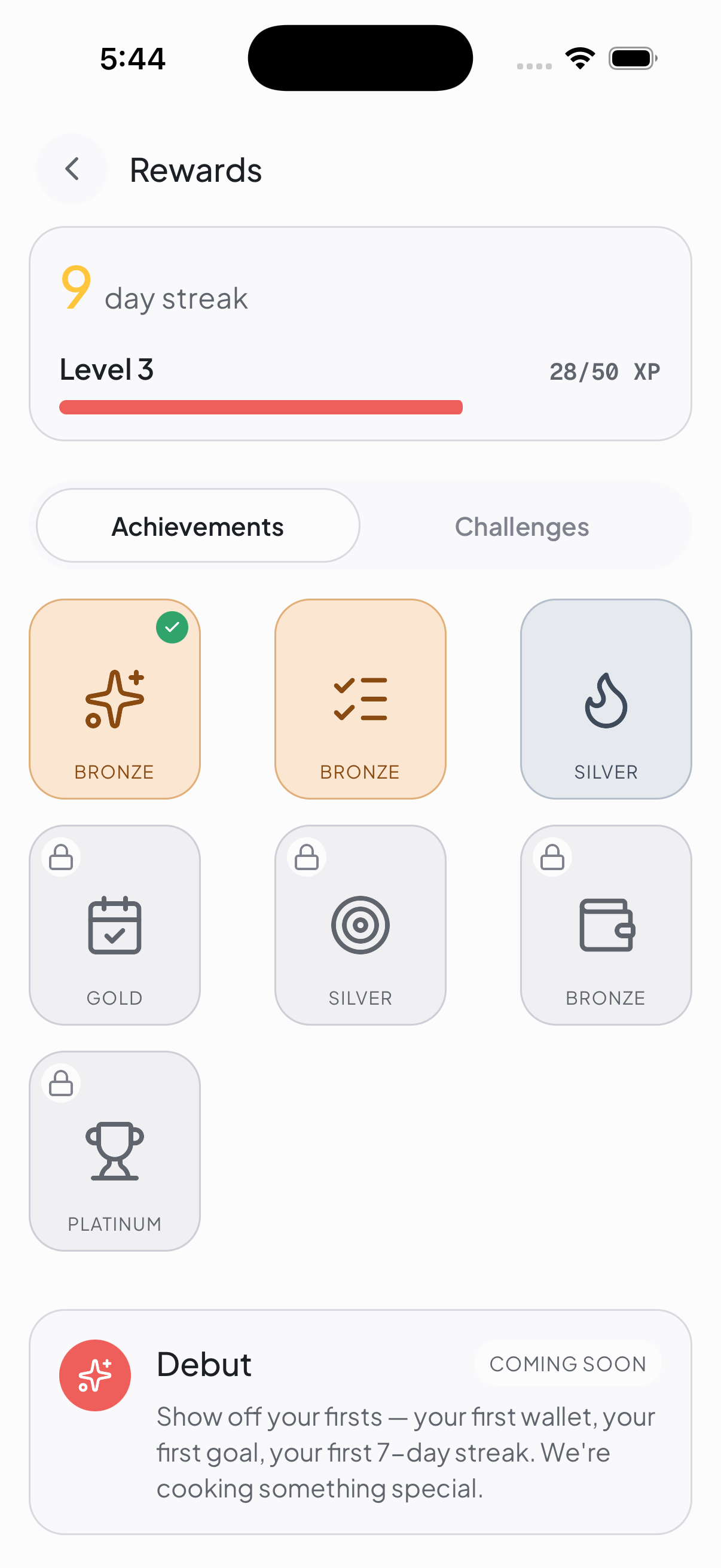 Dana rewards screen — 9 day streak, Level 3 progress bar, bronze and silver achievements.
